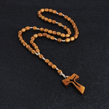 KOMi Leseni Venec Kroglice Križ Obesek Dolge Verige Ogrlice za Ženske, Moške Katoliške Kristusa Verske Jezus Nakit Darilo R002-157  5