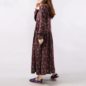 Korejski Modni Ženski Letnik Jeseni Obleke Cvjetnim Tiskanja Obleko Z Dolgimi Rokavi O Vratu Žepi Svoboden Priložnostne Vestidos Ženske Oblačila  4