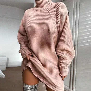 2020 tople Pletene Turtleneck Pozimi Obleko z Dolgimi Rokavi Svoboden Mini Trdna Priložnostne Topel Pulover Ženske Obleke  4