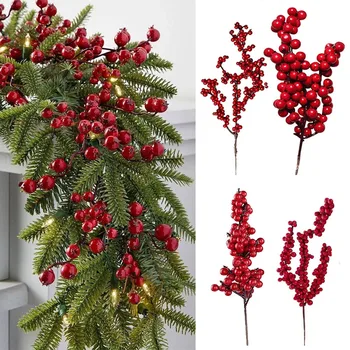 5Pcs Božič Borovih Vej Umetno Rdeče Holly Berry Christmas Tree Okraski Za Dom Novo Leto Xams Cvetlični Venec Okraski  10