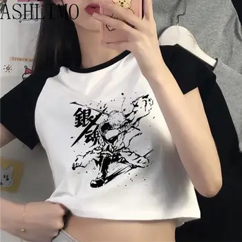 Japonski Anime Gintama Obreži Zgoraj Moda Estetske Vrhovi Kawaii Risanka Mozaik Majica s kratkimi rokavi T-shirt Manga Ženske T-shirt Gothic  5