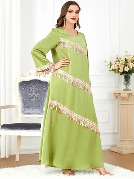 Maroko Stranka Obleko Muslimanske Ženske Abaya Molitev Zelena Caftan Maxi Tassel Obleke Haljo Abayas Dubaj Turčija Longue Vestidos Largos  5