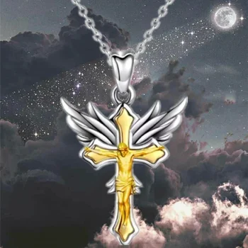 Moda Ustvarjalne Jezus Križ Ogrlica pozlačeni Križ Nakit Krili Obesek Ogrlice za Ženske, Rojstni dan, Obletnico Darilo Paty  5