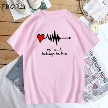 Moje Srce Pripada Mu je Njen srčni Utrip Nekaj Majica s kratkimi rokavi Ženske Moški Valentinovo Tshirt Smešno Družino Ujemanje Mož Ženo T-Shirt  4