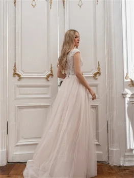 Princesa Til A-linijo Poročnih Oblek Boho Proti-vrat Poročne Obleke, Ljubica Kratkimi Til Vestidos De Novia  1