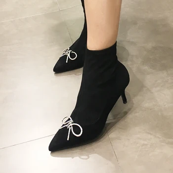 ženska pointe čevlji črni usnjeni kristalno stretch čevlji zadrgo diamantni kristal Gola čevlji pomlad jesen kratka čevlji, visoke pete boot  10