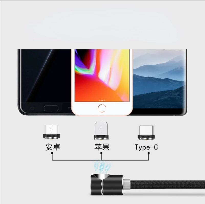 AM30 1M 90 Stopinj Magnetni Kabel , Najlon LED, Micro USB Kabel & USB Tip-C USB C Kabel za iPhone, Samsung Xiaomi