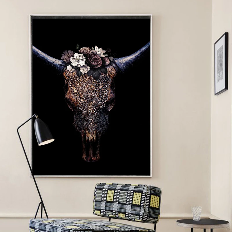 Platno stensko Slikarstvo umetnost Plakatov Nordijska Bika lobanje vklesan vzorec Obrabe cvetje na glavo, Soba Dekoracijo Sodobne umetnosti slikarstva